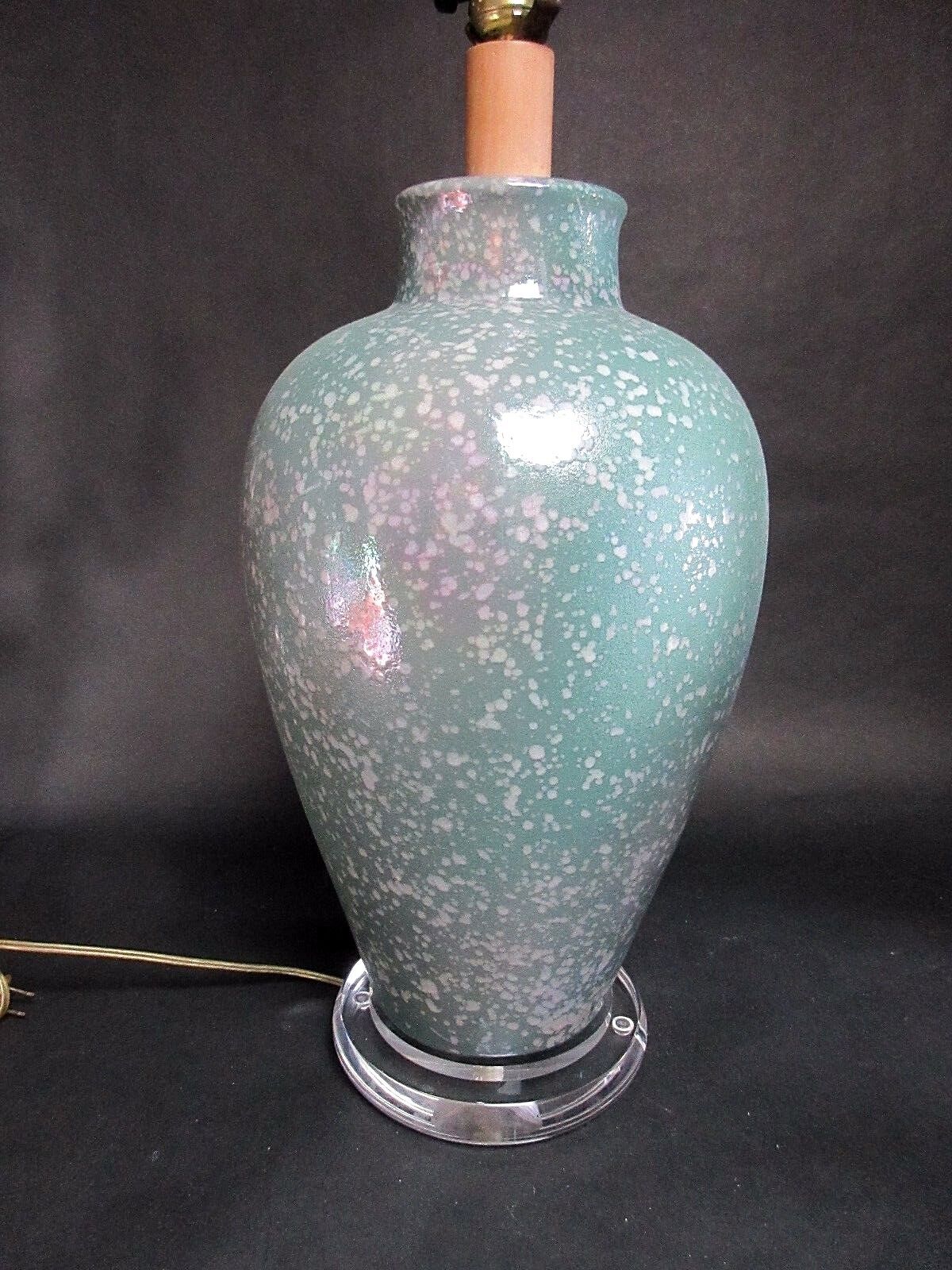 XL Vintage Textured Ceramic Lucite Table Lamp Turquoise Greens Pink Speckled 31"
