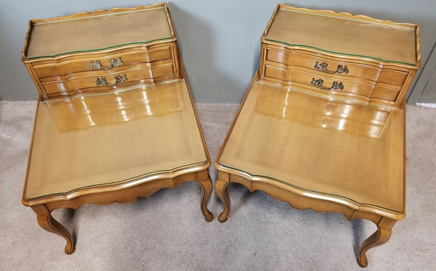 2 Vintage WHITE FURNITURE Co French Provincial Cherry End Tables Nightstands w Glass