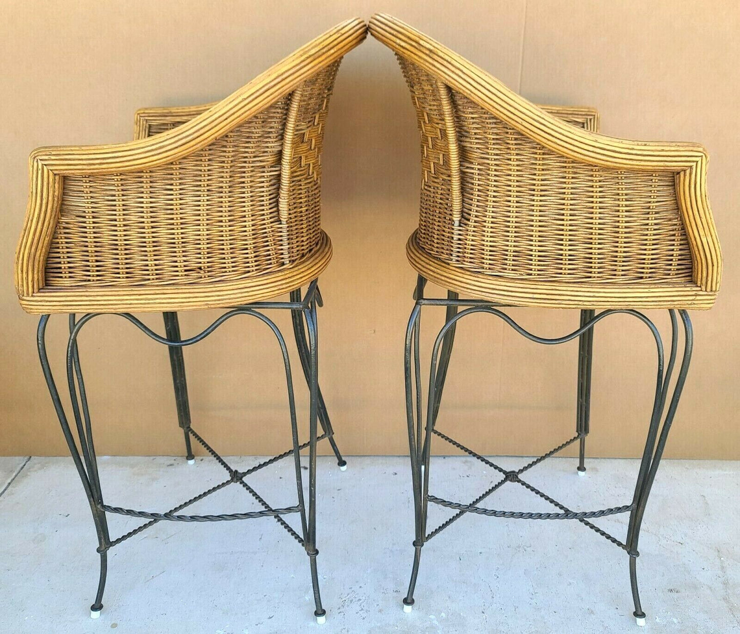 BRAXTON CULLER Wicker & Wrought Iron Swivel Barstools - A Pair