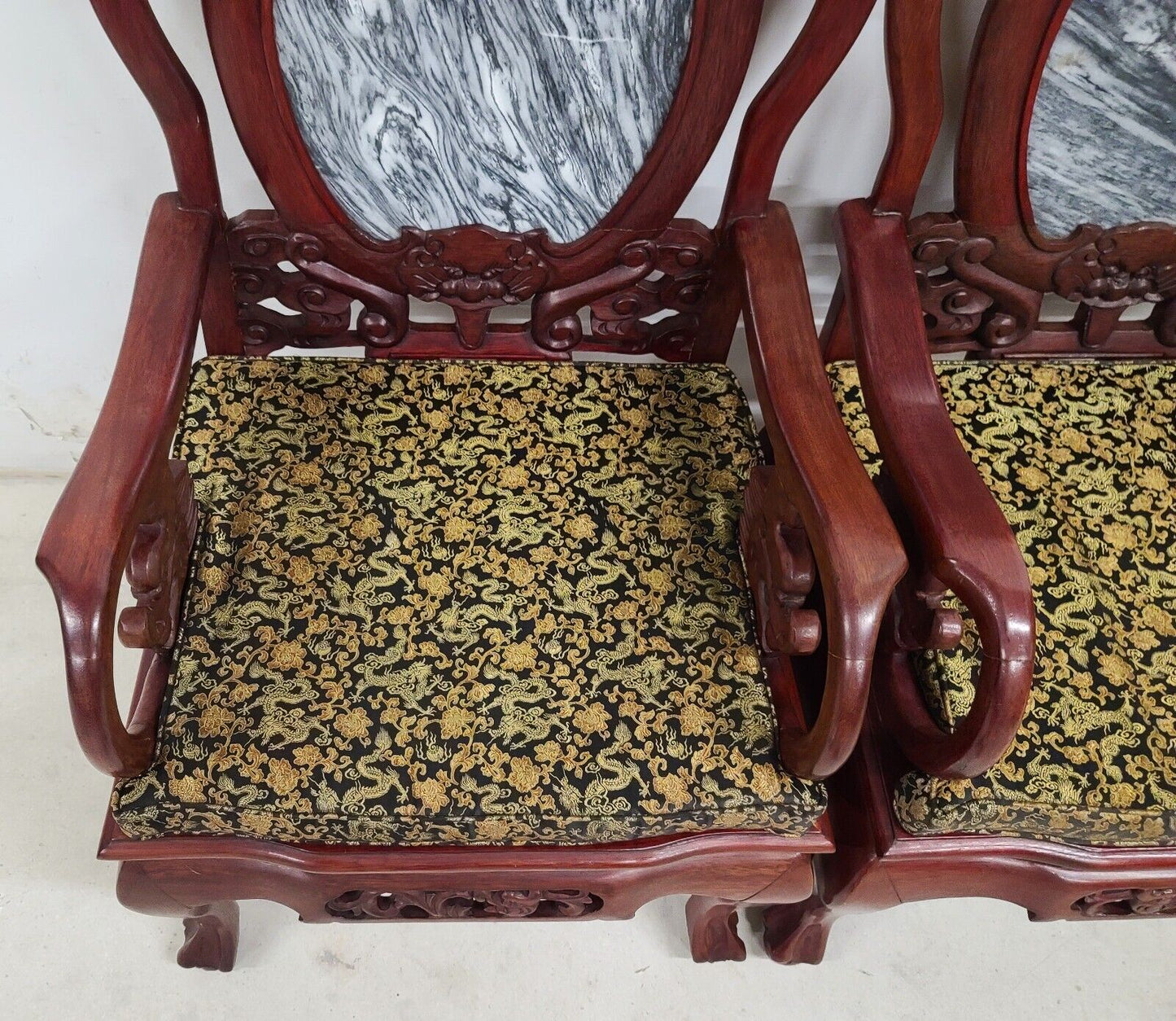 Mid Century Chinese Asian Rosewood & Marble Armchairs - A Pair