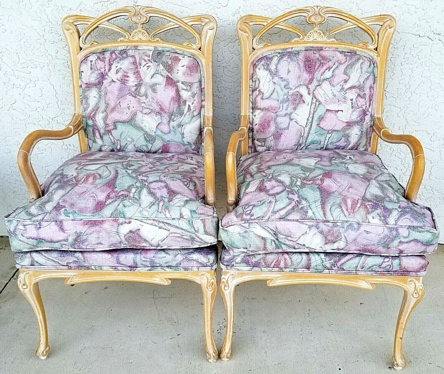 (2) French Provincial Fauteuil Carved Wood Upholstered Accent Chairs Armchairs