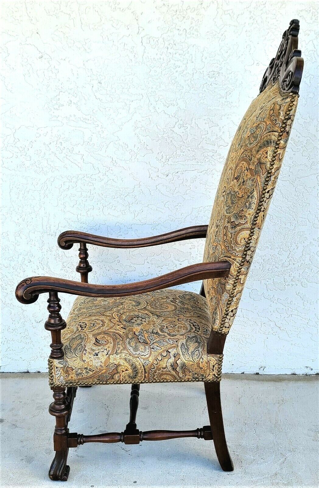 Antique Italian Renaissance Revival Style Carved Walnut Throne Chair Circa 1900