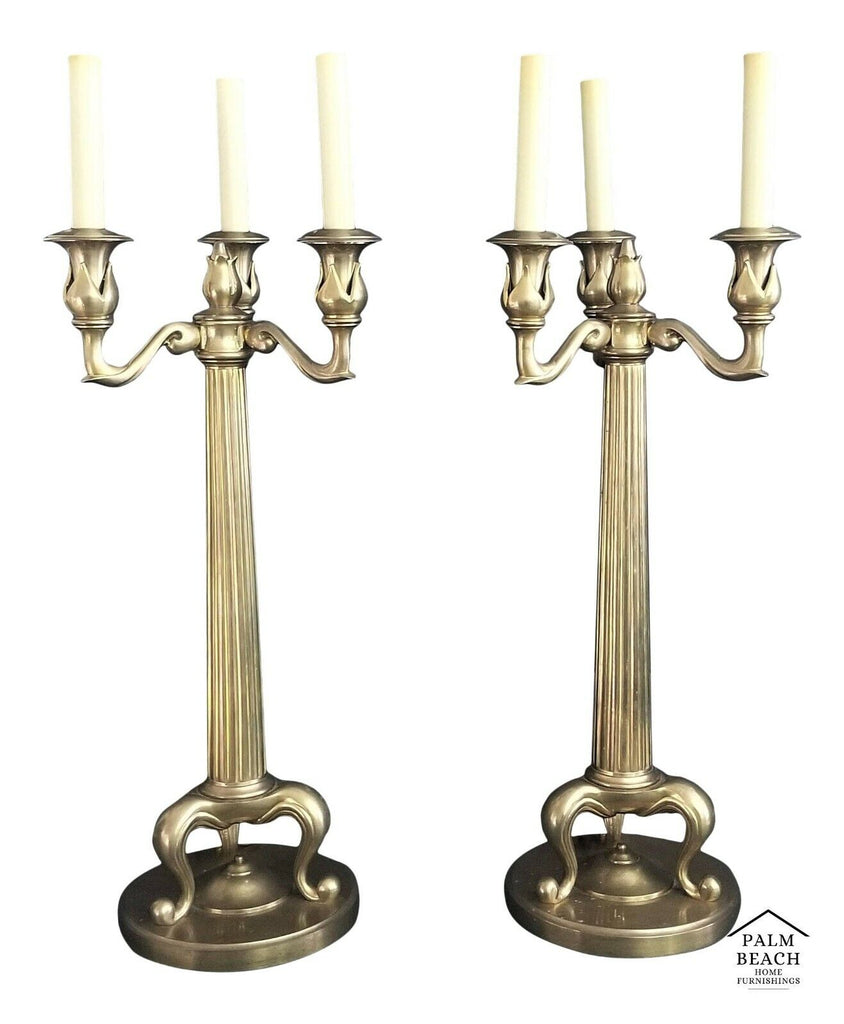 Pair of 1986 CHAPMAN Heavy Brass Candelabra Fluted Column Table Lamps