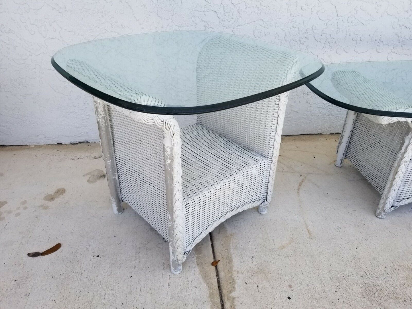Vintage Set Of 3 LLOYD FLANDERS Loom Wicker Tables w Glass