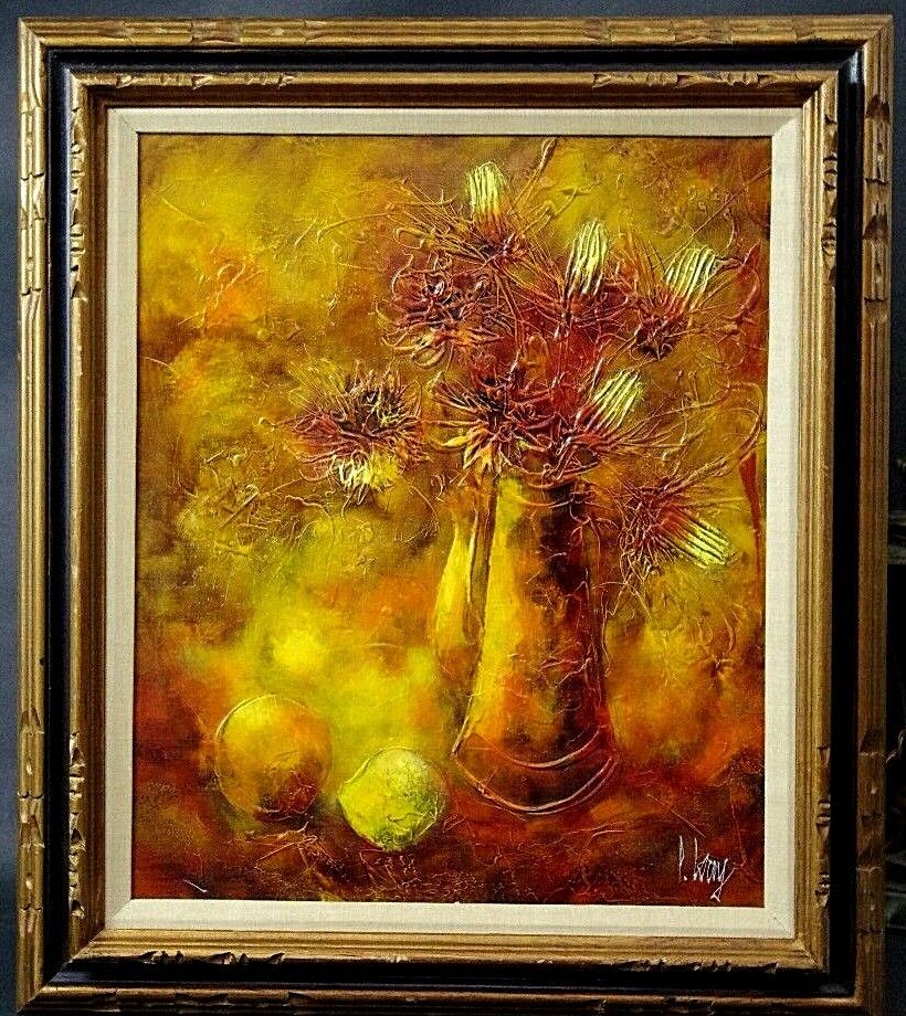 Vtg Signed P Leroy Still Life Impasto Impressionist Flowers Oil Painting Canvas