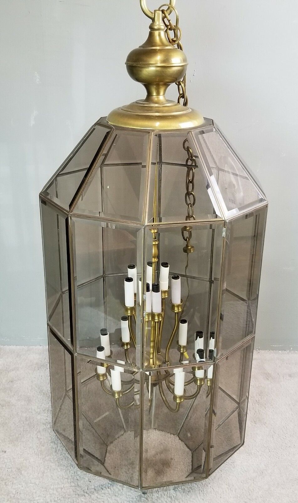 Glass & Brass Light Pendant Chandelier Beveled Leaded Clear