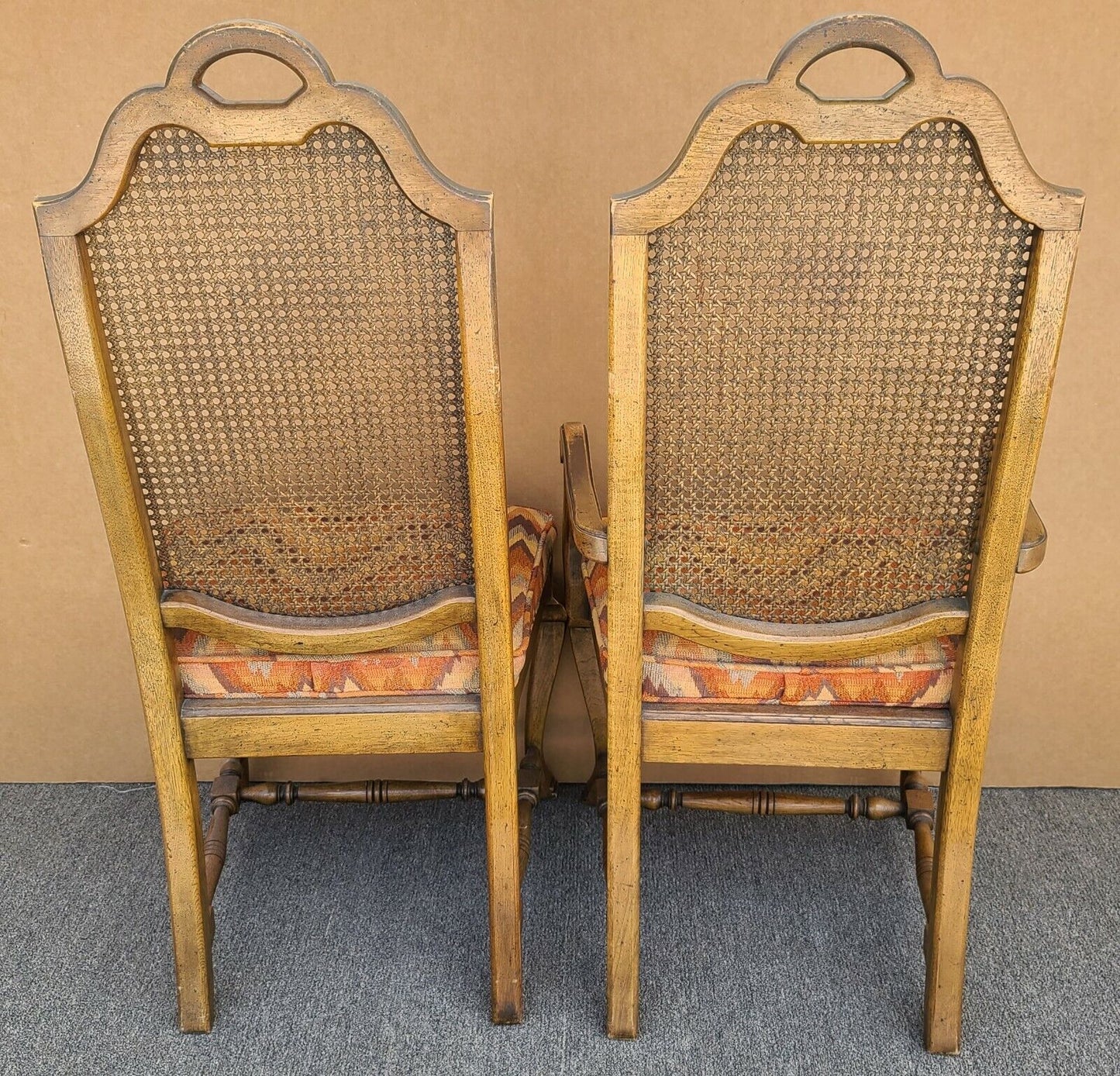 Vintage French Country Caned Back Flamestitch Fabric Dining Chairs - Set of 6