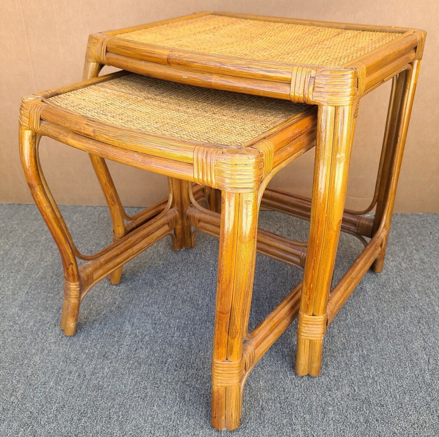 Vintage French Country Bamboo Wicker Rattan Nesting Tables