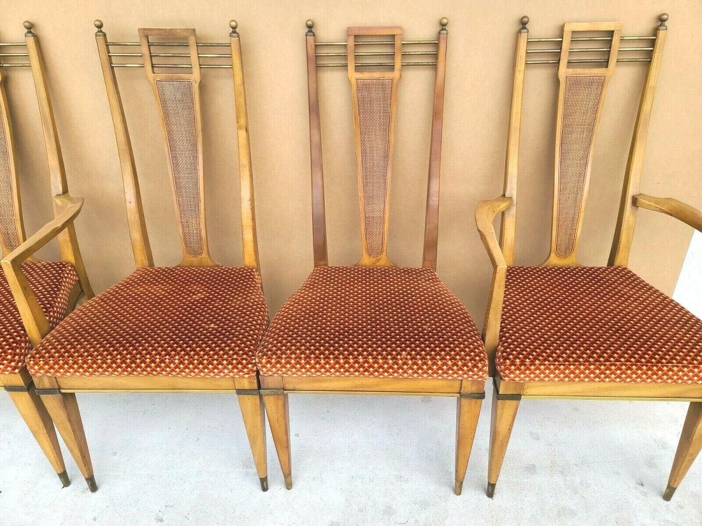 Set of 4 1950's MCM J L METZ Brass Solid Wood & Cane Dining Chairs