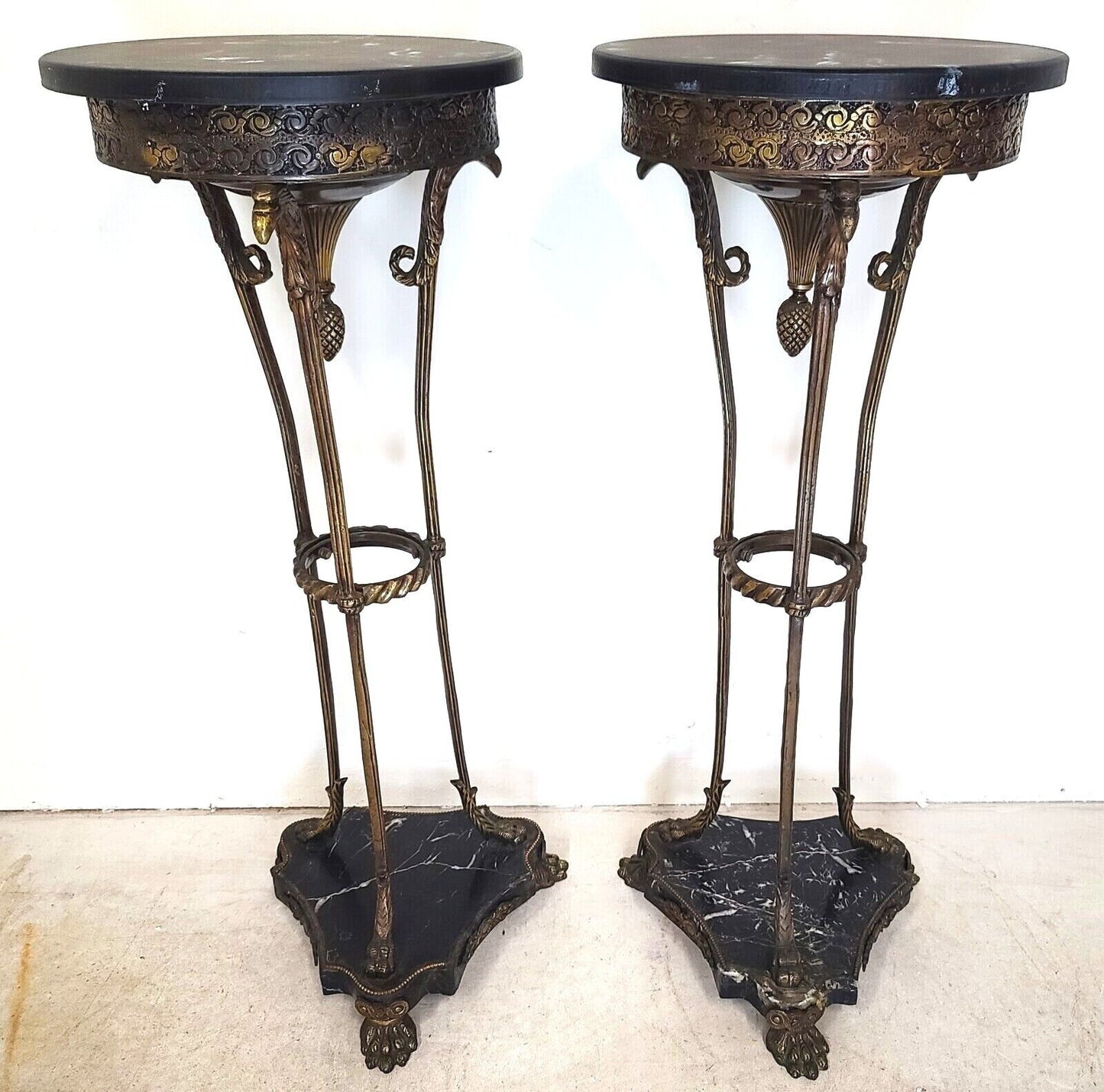 Antique Grand Entrance Italian Brass Griffins & Marble Display Stands - A Pair