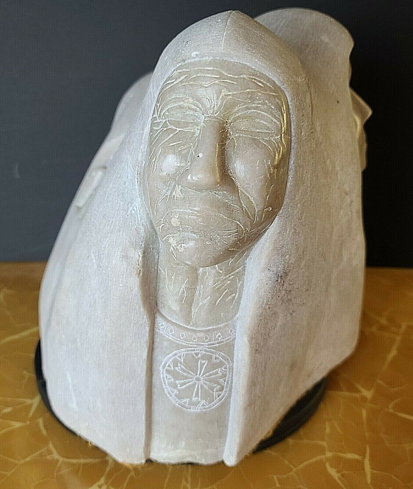 Monumental Signed Native American Alabaster Sculpture Man Woman Child Village