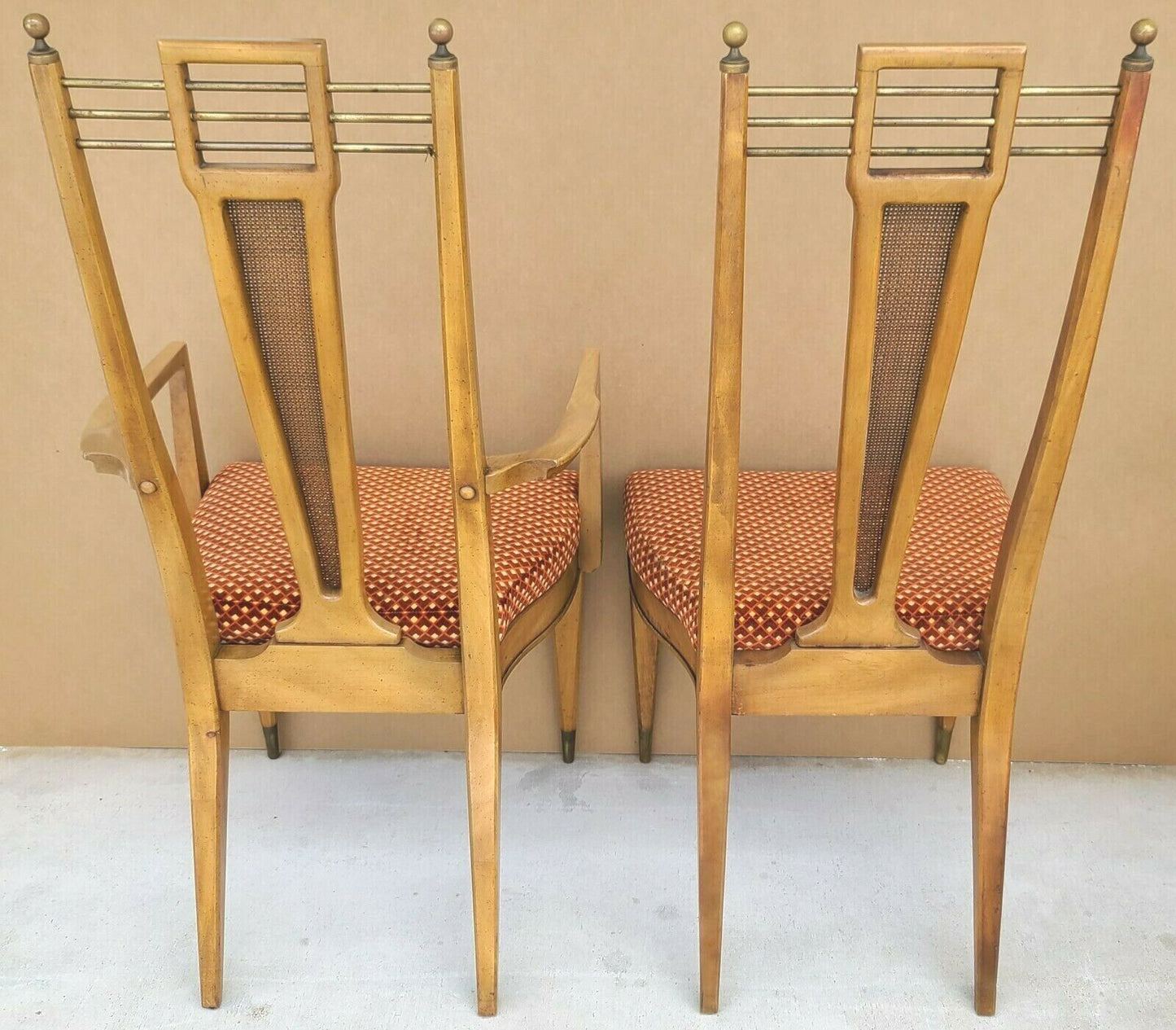 Set of 4 1950's MCM J L METZ Brass Solid Wood & Cane Dining Chairs