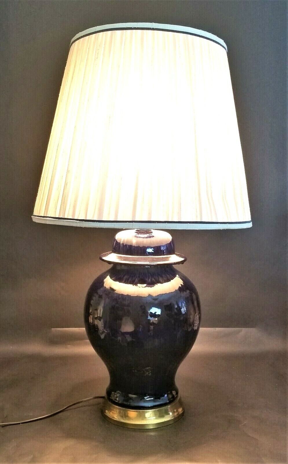 PAUL HANSON Cobalt Blue Drip Glaze Ceramic Ginger Jar Lamp with Matching Shade