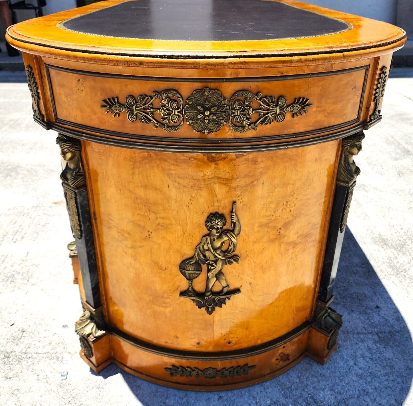 French Louis XV Style Ormolu Olive Birdseye Maple Desk