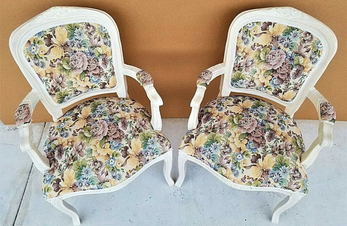 (2) Vintage Shabby Chic French Provincial Pearled Fauteuil Floral Tapestry Armchairs