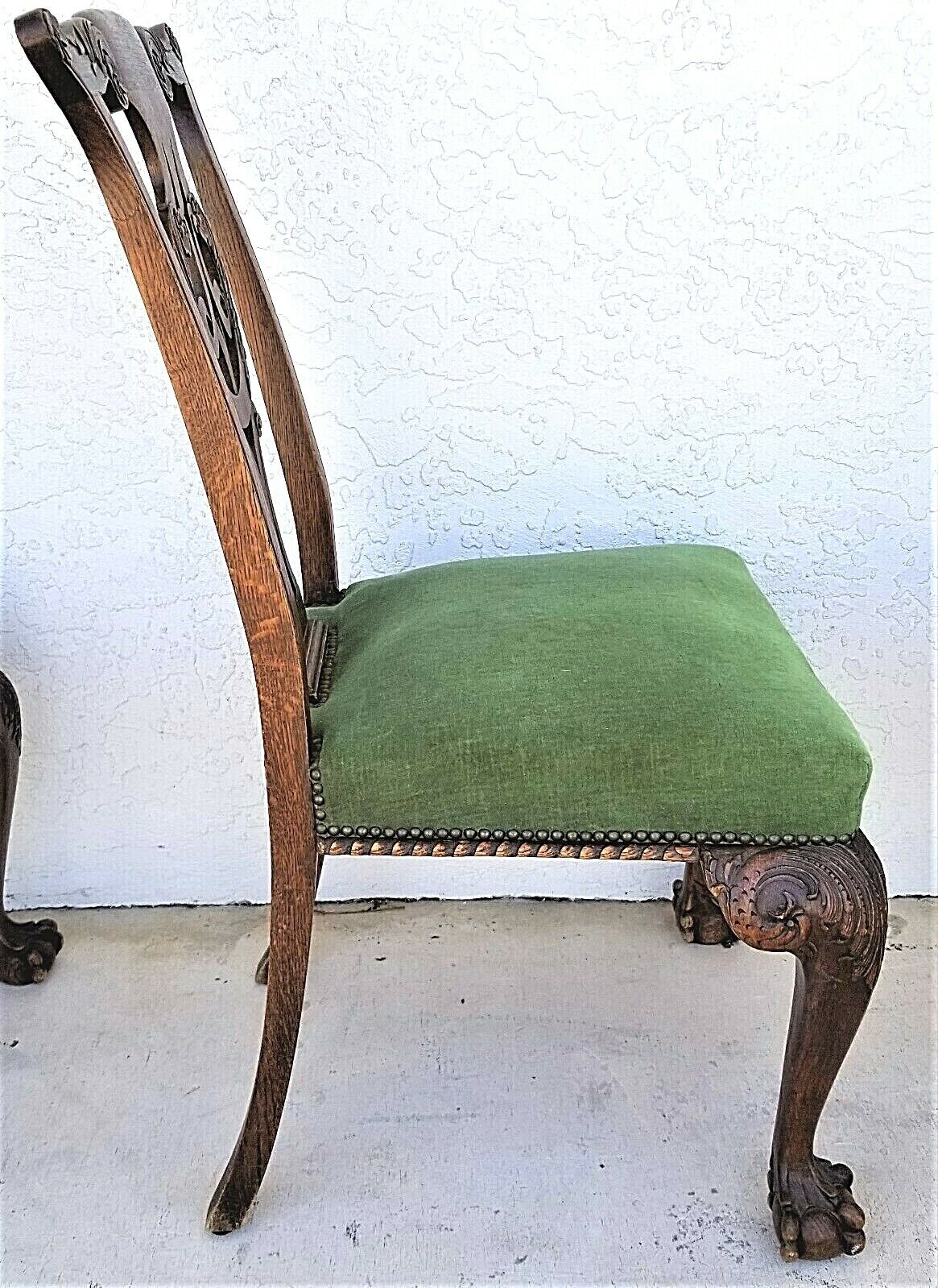 Set of 5 1800's English Oak Hand Carved Ball Claw Chippendale Dining Chairs