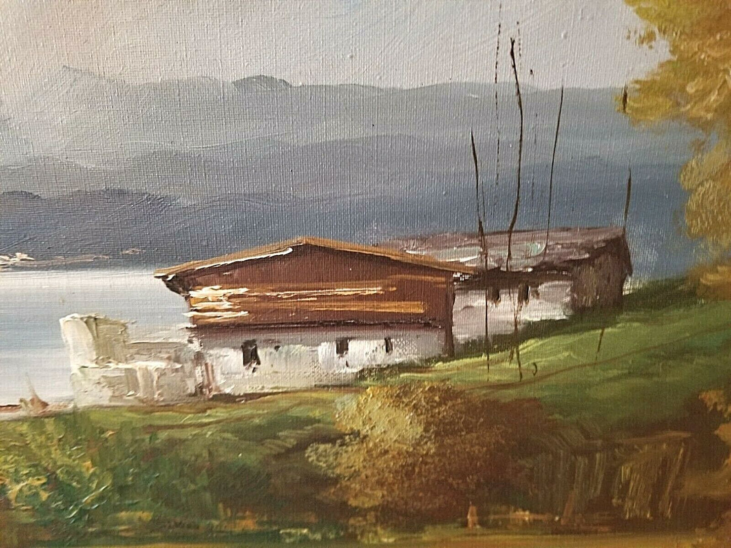 Wonderful Mid Century Artist Signed Italian Lakeside Landscape Oil Painting