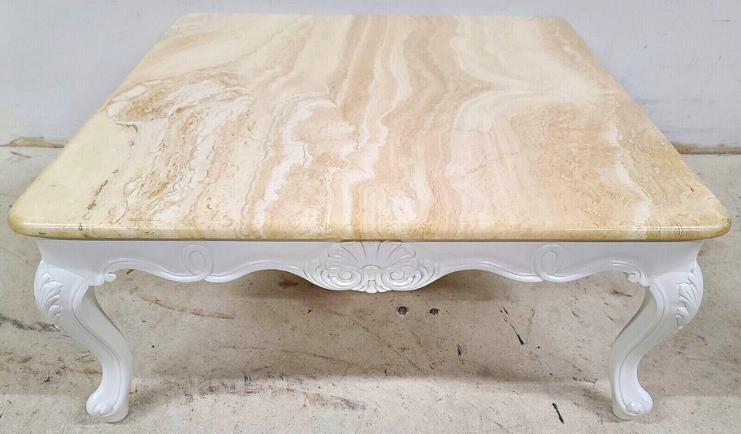 French Provincial Travertine Marble & Wood Cocktail Coffee Table